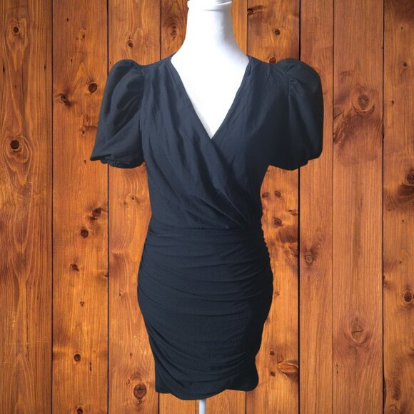 Express Women's Small Black Short Puff Sleeve Faux Wrap Ruched Dress New LBD - Picture 1 of 6